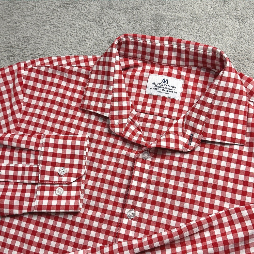Mizzen+Main Mens XL Red White Gingham Performance Dress Shirt Farm Bureau XL